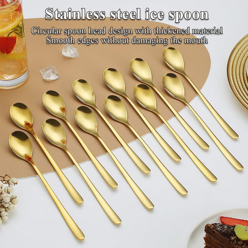 Gold Long Handle Iced Tea Spoons, Set of 12 Pieces, Titanium Plating Gold Stainless Steel Teaspoons, Dishwasher Safe
