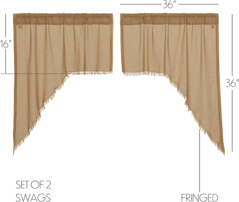 VHC Brands Tobacco Cloth Fringed Farmhouse Decor Kitchen Swag Prairie Panels Door Window Tier Set Curtains, Khaki,