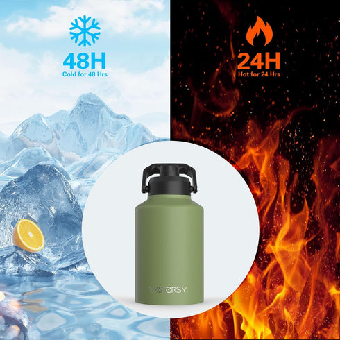 48 Proof,64oz WATERSY Half Gallon Water Bottle Insulated(Cold for Hrs),BPA Free&Leak Stainless Steel Water