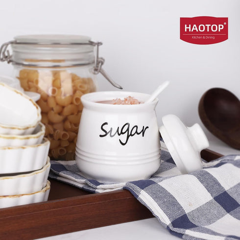 12oz Countertop HAOTOP Ceramic Sugar Bowl with Lid and Spoon, Sugar Jar Sugar Dispenser Sugar Container Coffee Bar