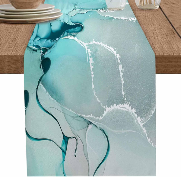 Falaniique Marble Turquoise Aqua Table Runner 36 Inches Long,Cotton Linen Modern Teal Kitchen