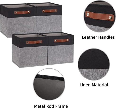 HNZIGE Fabric 11x11 Cube Storage Bins, Set of 4, Foldable Baskets for Shelves with Handles for Home Toy Organizer