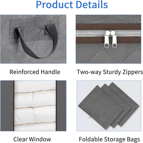 Fixwal Extra Large Blanket Storage Bags, 120L Comforter Storage Bags with Reinforced Handles, Grey