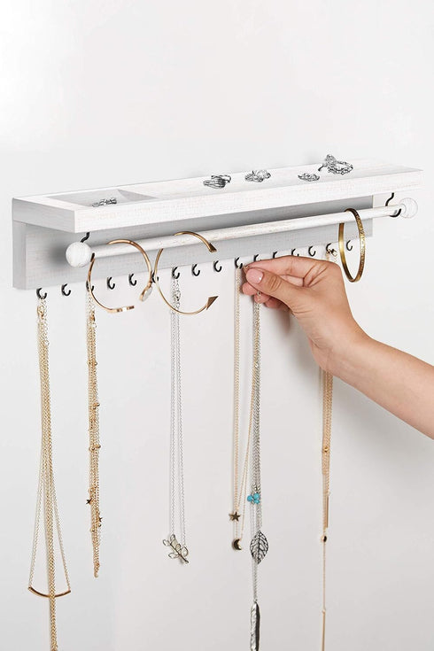 Rustic White Necklace Jewelry Organizer - Wall Mount Jewelry Holder for Necklace, Earrings, and Rings