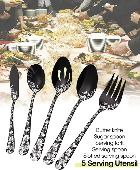 Stapava Serving Utensils Set Black, 5PCS Stainless Steel Flatware Serving Set with Large Serving Spoon Slotted Serving Spoon Serving Fork Sugar Spoon Butter Knife for Dinner Party, Dishwasher Safe by Stapava