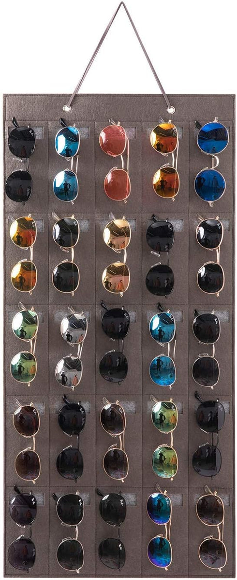 Sunglasses Organizer Storage, Hanging Eyeglasses Wall Pocket Mounted, 25 Slots, Black, Large