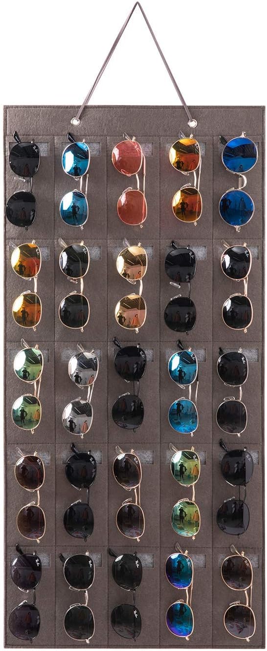 Sunglasses Organizer Storage, Hanging Eyeglasses Wall Pocket Mounted, 25 Slots, Black, Large