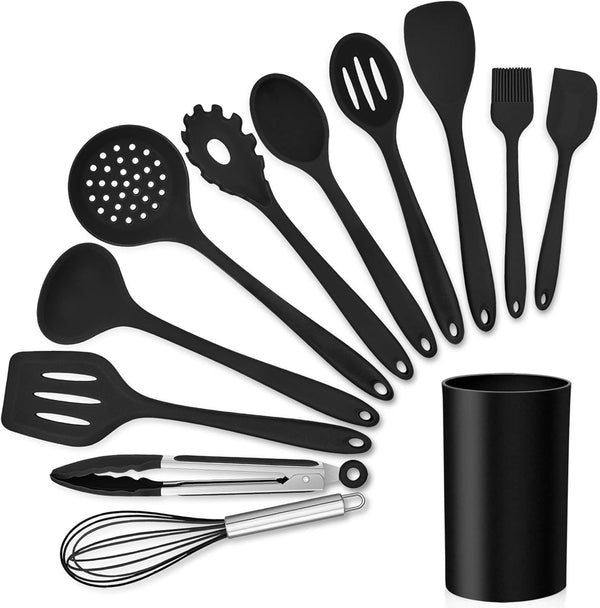 LIANYU 12-Piece Black Silicone Kitchen Cooking Utensils Set with Holder, Includes Slotted Spatula, Spoon Turner, Ladle,