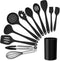 LIANYU 12-Piece Black Silicone Kitchen Cooking Utensils Set with Holder, Includes Slotted Spatula, Spoon Turner, Ladle,