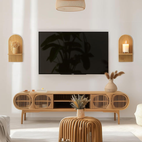 Set Boho Wall Decor of Two - Natural Modern Minimalist Mid Century Wall Candle Holder for Living Room - Wood Bohemian