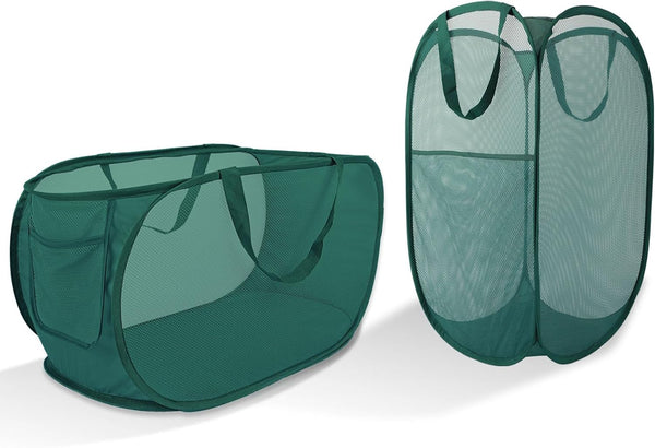 Collapsible Laundry Basket 2 Pack, Green Mesh Pop Up Hampers with Handles, Large Portable Travel Laundry Bag