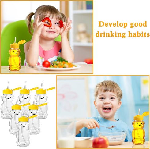 32 Pack Cups(6oz) Thenshop Honey Bear Bottle with Straws Empty Plastic Cup Honey Jar Containers Bear Shaped Squeeze