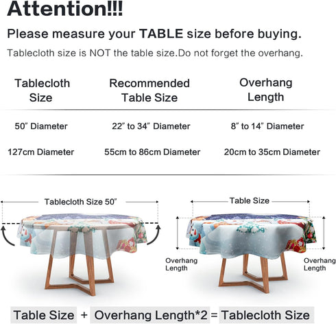 VVA Round Christmas Tablecloth - Winter Snowman Xmas Tree Santa Sleigh Holiday Decor 50 Inch for Family Gatherings