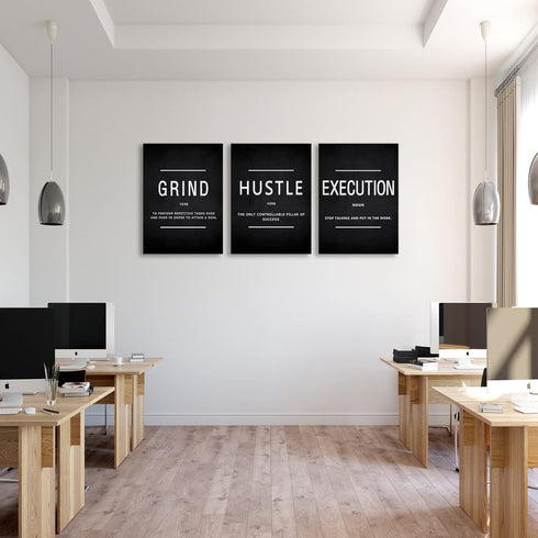 BWSPACE Grind Hustle Execution Wall Art, Motivational Wall Decor, Office Pictures Posters, 3 Pieces Framed Canvas Prints