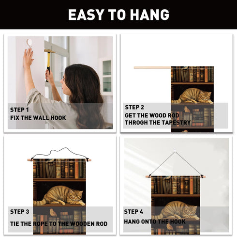 2 Pack 52" 13" PLIGREAT Vintage Bookshelf Wall Hangings, Classic Library Tapestry with Tassels Vertical Cats Wall