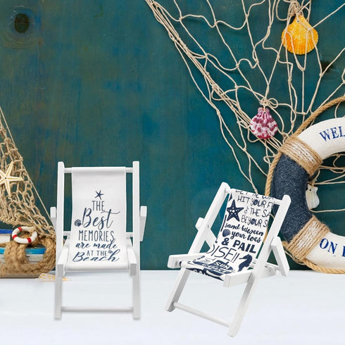 Meching 4 PCS Beach Miniature Furniture Decoration, Mini Wooden Folding Beach Chair Sunbath Chair Longue Deck