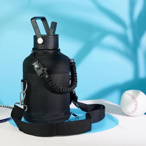 Insulated Water Bottle with Straw, 87 oz Water Jug with Carrying Bag, Paracord Handle, Double Wall Vacuum Flask, Dark