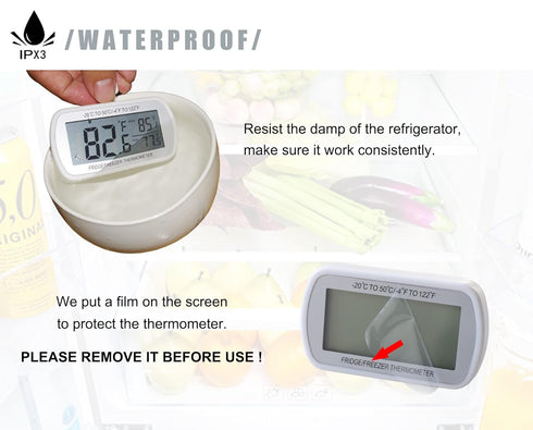 AEVETE Waterproof Digital Refrigerator Thermometer, Large LCD Freezer Room Thermometer with Magnetic Back