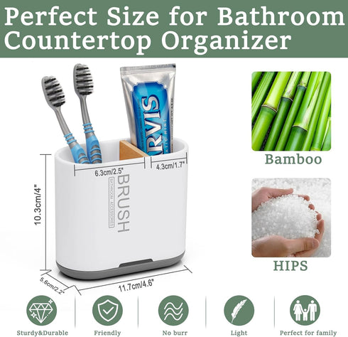 Toothbrush and Toothpaste Holder with Bamboo Divider for Bathroom Countertop Organizer, 2 Slots for Family (White)