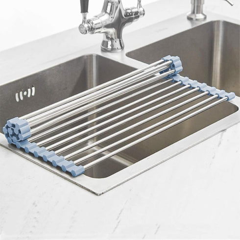 Over The Sink Dish Drying Rack - Roll Up Stainless Steel Kitchen Dish Rack, Foldable Dish Drainer, Gray