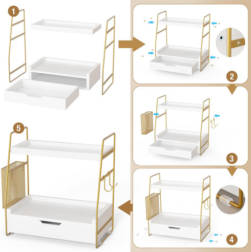 ROPALINS 2-Tier Counter Counter 13'' Bathroom Organizer with Drawer & Removable Basket, Wood & Metal Vanity Organizer