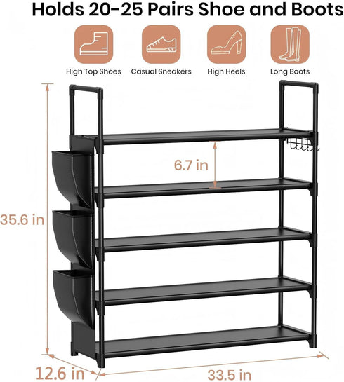 5 20-25 Closet,Entryway,Small VILICK Tier Shoe Rack with Hook and Side Pocket,Shoe Organizer Space Saver Storage