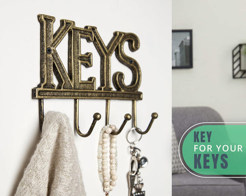 Key Holder for Wall, Cast Iron Decorative Rustic Key Organizer with 4 Hooks
