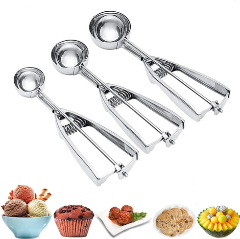 Ice Cream Scoop, 3Pcs Cookie Scoop Set, Stainless Steel Scooper with Trigger Release for Baking, Set of 3