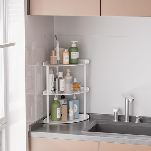 3 9.5x9.5x15.7 Inch, Countertop Sezanrpt Tier Acrylic Corner Shelf Organizer Storage White Corner Shelf for Bathroom