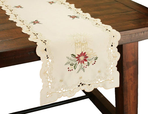 Golden Glow Embroidered Cutwork Christmas Table Runner, 16-Inch by 36-Inch