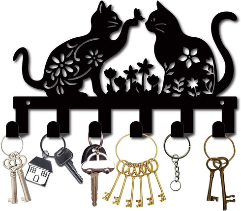CREATCABIN Cat Metal Key Holder: Wall Mounted Iron Key Hanger with 6 Hooks, Black Rack Organizer for Entryway Decor