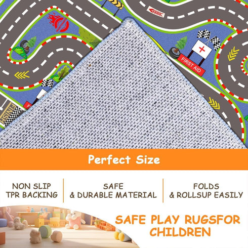 4731 3D Kids Rug, Race Track Playmat Rugs in Kids Carpet with Rubber Backing, Start and Finish line Racing Track