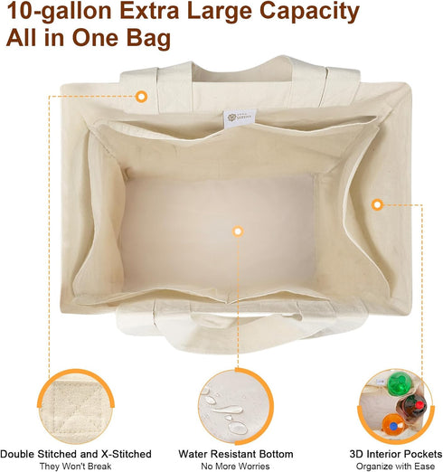 VitaSerena Handles(3pc Canvas Grocery Bags with Dual XL), Large Reusable Shopping Bags for Groceries, Inner Pockets