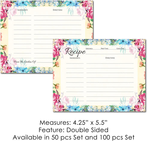 Pioneer Woman Style Floral Recipe Cards, Flower Recipe Cards, Floral Index Cards, Blank Back Recipe Notecards, Perfect for Bridal Shower (100, 4.25" x 5.5" Double Sided) by Sister Novelties