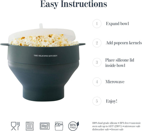 The Silicone Kitchen Collapsible Microwave Popcorn Maker Bowl, Non-Toxic, Dishwasher Safe, Dark Blue.