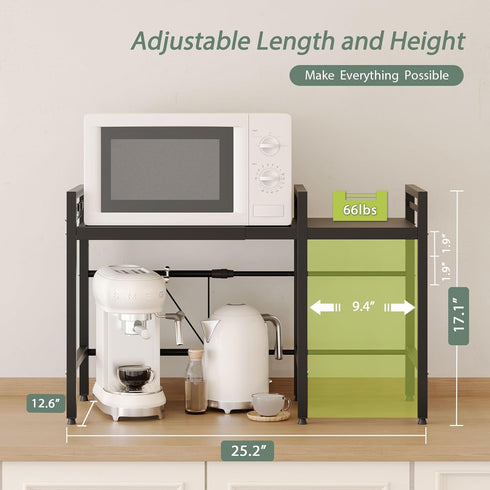 NETEL Expandable Microwave Stand, 2 Tier Metal Kitchen Organizer Shelves with 8 Hooks