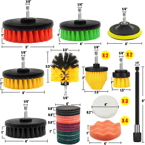 Drill Brush Attachment Set, 30Pcs Drill Scrubber Brush Kit Include Scrub Pads, Sponge, Extend Attachment, Drill Cleaning Brush Attachment Set for Bathroom, Tub, Tile (30Pcs Brush Pad Kit)