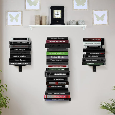 Invisible Floating Bookshelf for Wall Mounted - 4 Tier Vertical Spine Book Tower, Heavy-Duty Metal Organizers, 2 Pack