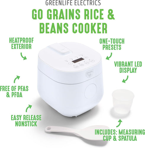 GreenLife PFAS-Free 4-Cup Rice Cooker, Healthy Ceramic Nonstick, Easy to Use Automatic Presets, White