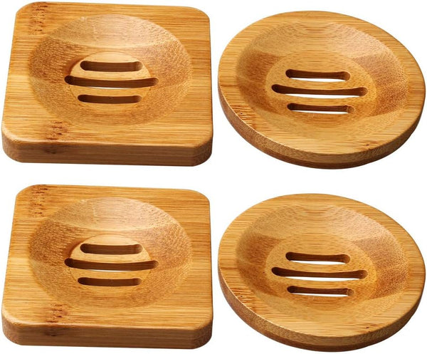 SUMAJU 4 Pcs Wooden Soap Holders, Natural Bamboo Soap Dish Square & Round for Home Bathroom