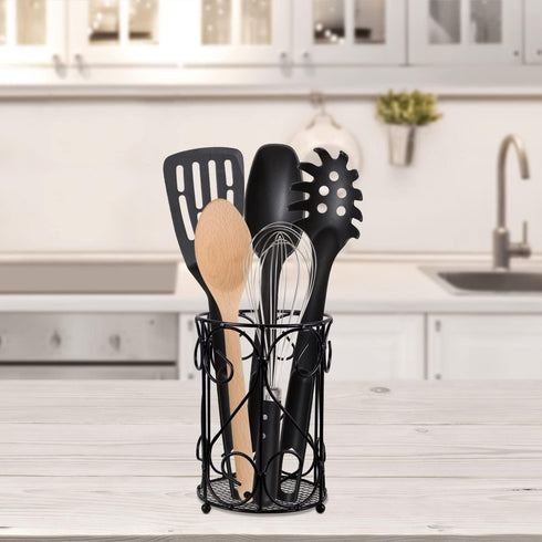 Blue Donuts Kitchen Utensil Holder - Vintage Metal Counter Organizer, Black Farmhouse Utensil Caddy for Kitchen