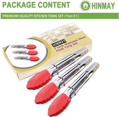 Set of 3 Small Kitchen Tongs with Silicone Tips, 7 Inch (Red)