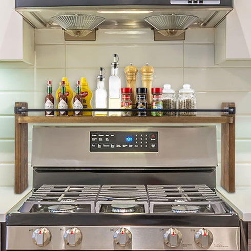 33 Inch MyGift Stove Top Spice Rack - Deluxe Rustic Burnt Solid Wood and Industrial Black Metal Space Saving Over The