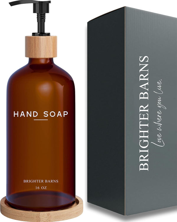 Brighter Barns Amber Glass Hand Soap Dispenser Set - Modern Bathroom Decor with Bamboo Tray for Kitchen Sink & Bathroom
