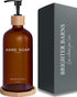 Brighter Barns Amber Glass Hand Soap Dispenser Set - Modern Bathroom Decor with Bamboo Tray for Kitchen Sink & Bathroom
