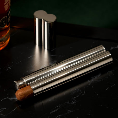 Viski Stainless Steel Cigar Holder with 2 oz Liquor Flask, Slim Single Cigar Case, Silver, Set of 1 for Whiskey