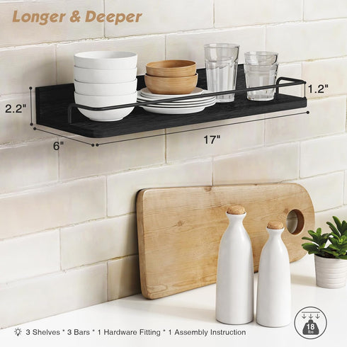 17 Inch Long-Set 3 Forbena Black Floating Shelves for Wall, Bahtroom Wall Shelves Over Toilet, Rustic Hanging Shelf