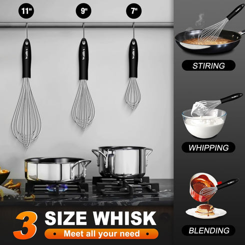Stainless Steel Wire Whisk Set - 3 Packs (7"+9"+11") Balloon Whisk, Thick Wire Wisk & Strong Handles for Cooking,
