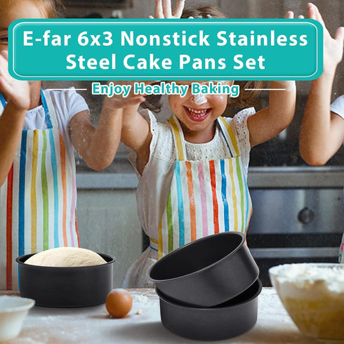 E-far 6 x 3 Inch Cake Pan Set of 3, Deep Stainless Steel Round Cake Pans for Baking Birthday Wedding Cakes