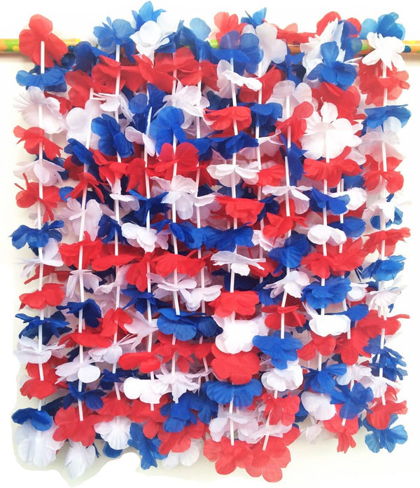 LITTLE FEATHER Red White and Blue 4th of July Party Lei, Hawaiian Luau Flower Necklace, Pack of 12